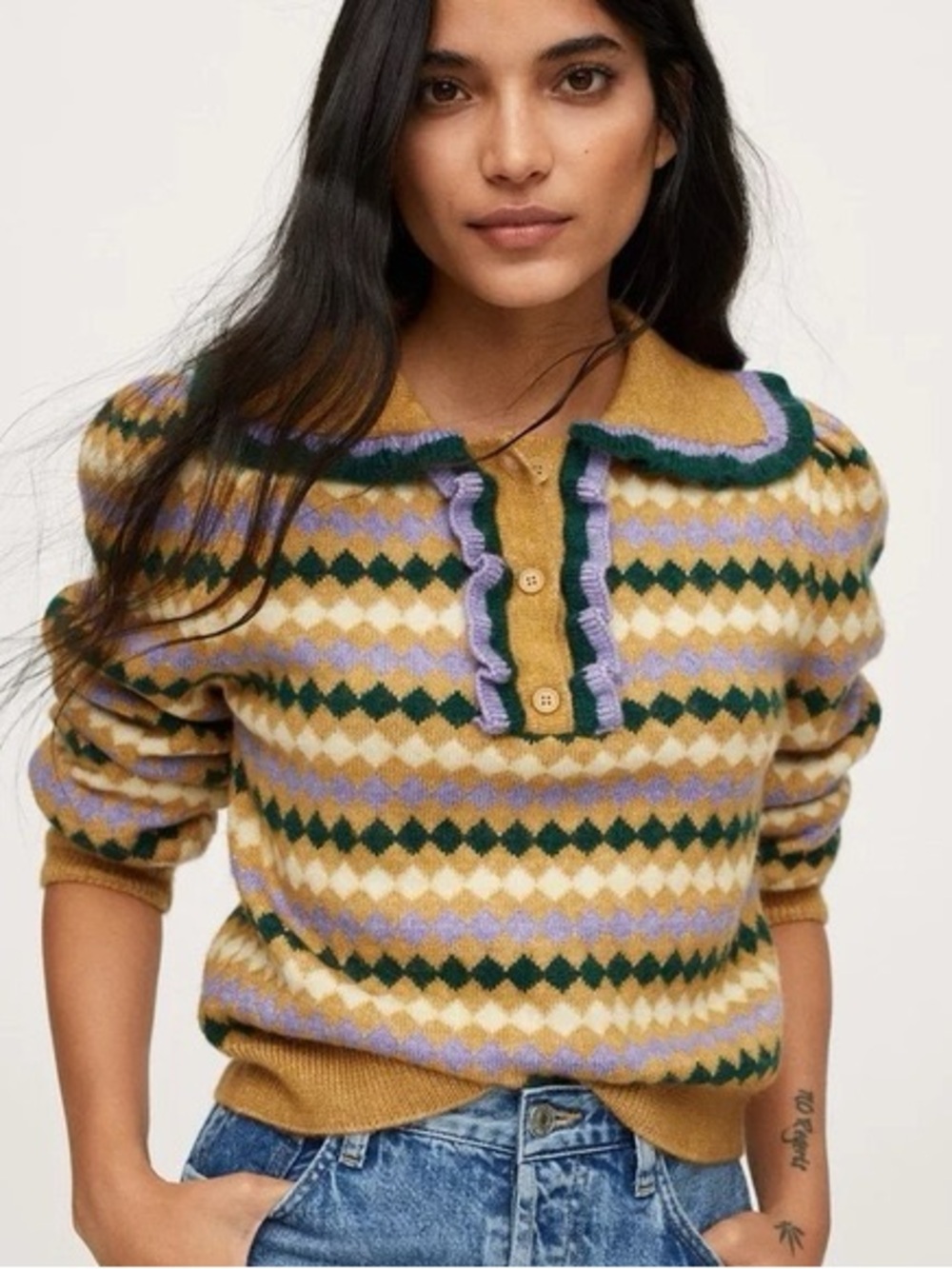 MANGO Arlequin Geometric Pattern Ruffle Detail Polo Sweater size Xl - Picture 12 of 12